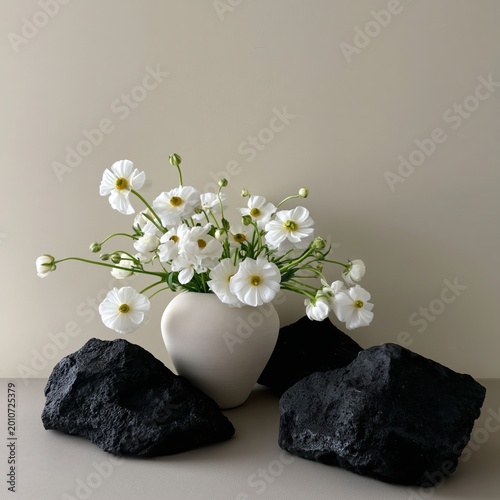 Fresh White Flowers in a Simple Vase Surrounded by Dark Rocks on a Light Surface