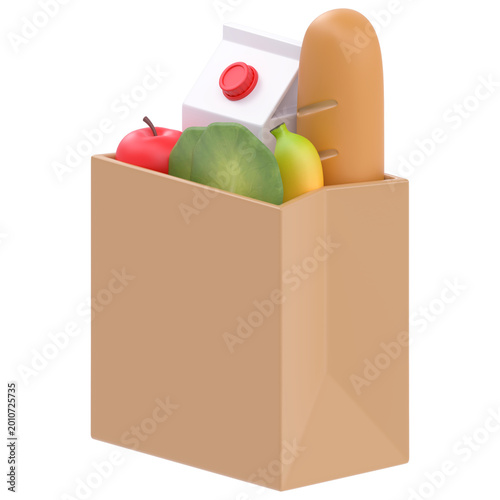 paper bag with groceries 3d icons in cartoon plastic style minimal isolated on transparent white background, clipping path	
