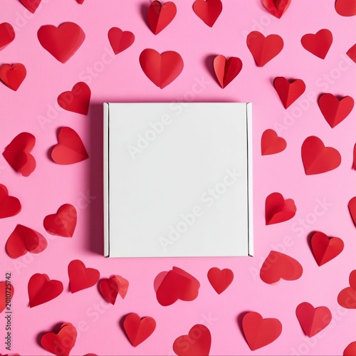 Celebration of Love With Red Hearts and a White Box on a Pink Background