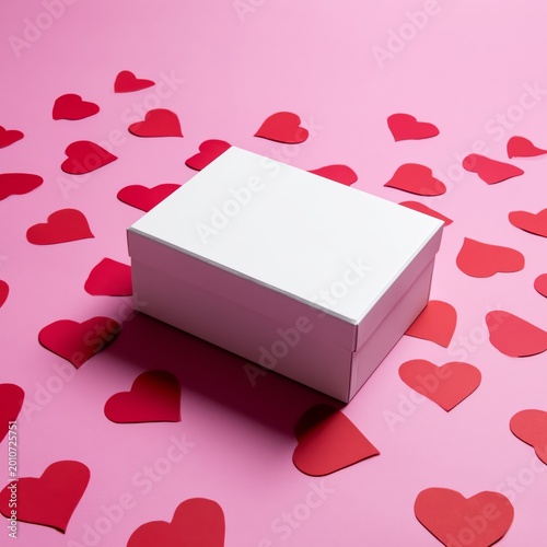Celebration of Love With Red Hearts and a White Box on a Pink Background
