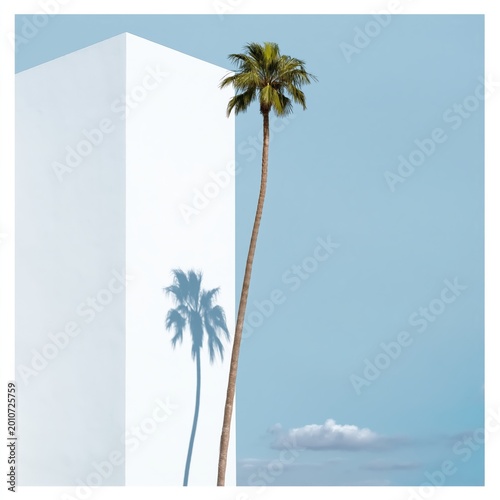 Palm Tree Stands Near White Walls Under Clear Sky in a Coastal Area During Da...