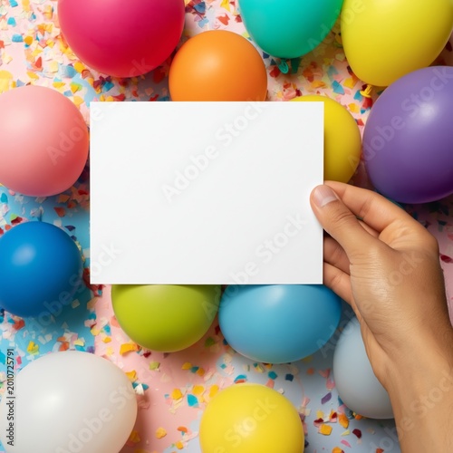 Colorful Balloons and Confetti Surround a Blank Piece of Paper on a Blue Back...