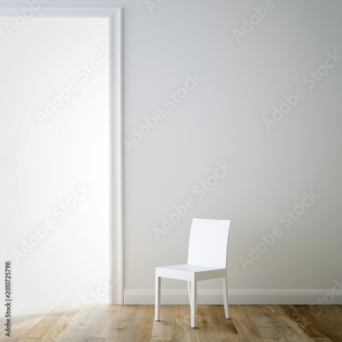 White Chair Next to a Wall Featuring a Nature Scene in a Modern Room Setting