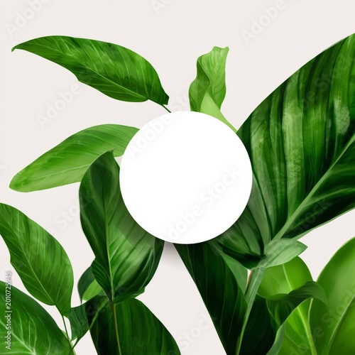 Green Leaves in a Circular White Space on a Light Background