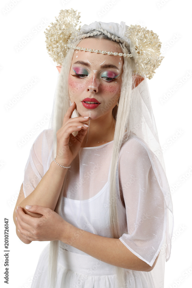 Fototapeta premium Portrait of beautiful elf girl on white background