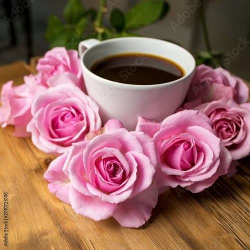 Coffee Cup Surrounded by Pink Roses on a Wooden Table in Daylight