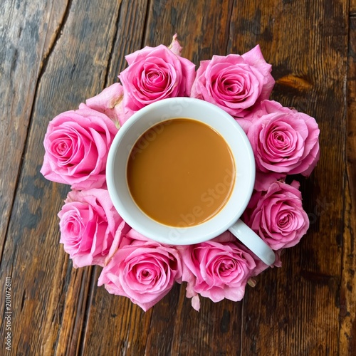 Pink Roses Surround a White Cup of Coffee on a Wooden Table During the Daytime