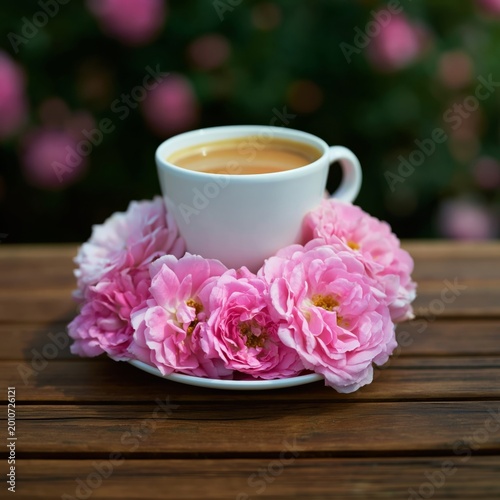 Pink Roses Surround a White Cup of Coffee on a Wooden Table During the Daytime