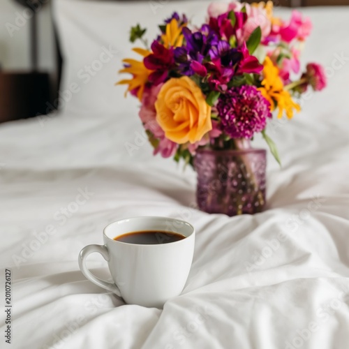 Morning Coffee With Flowers on a White Bedspread in a Cozy Room