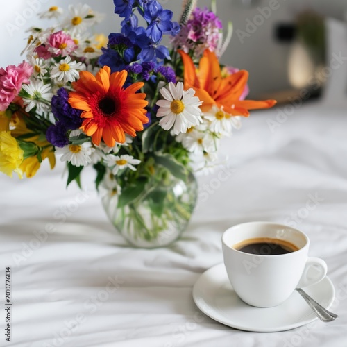 Morning Coffee With Flowers on a White Bedspread in a Cozy Room