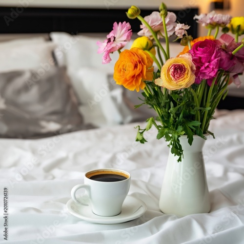 Morning Coffee and Colorful Flowers on a Bed With White Sheets in a Cozy Room