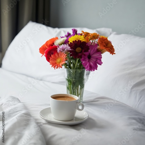 Morning Coffee and Colorful Flowers on a Bed With White Sheets in a Cozy Room