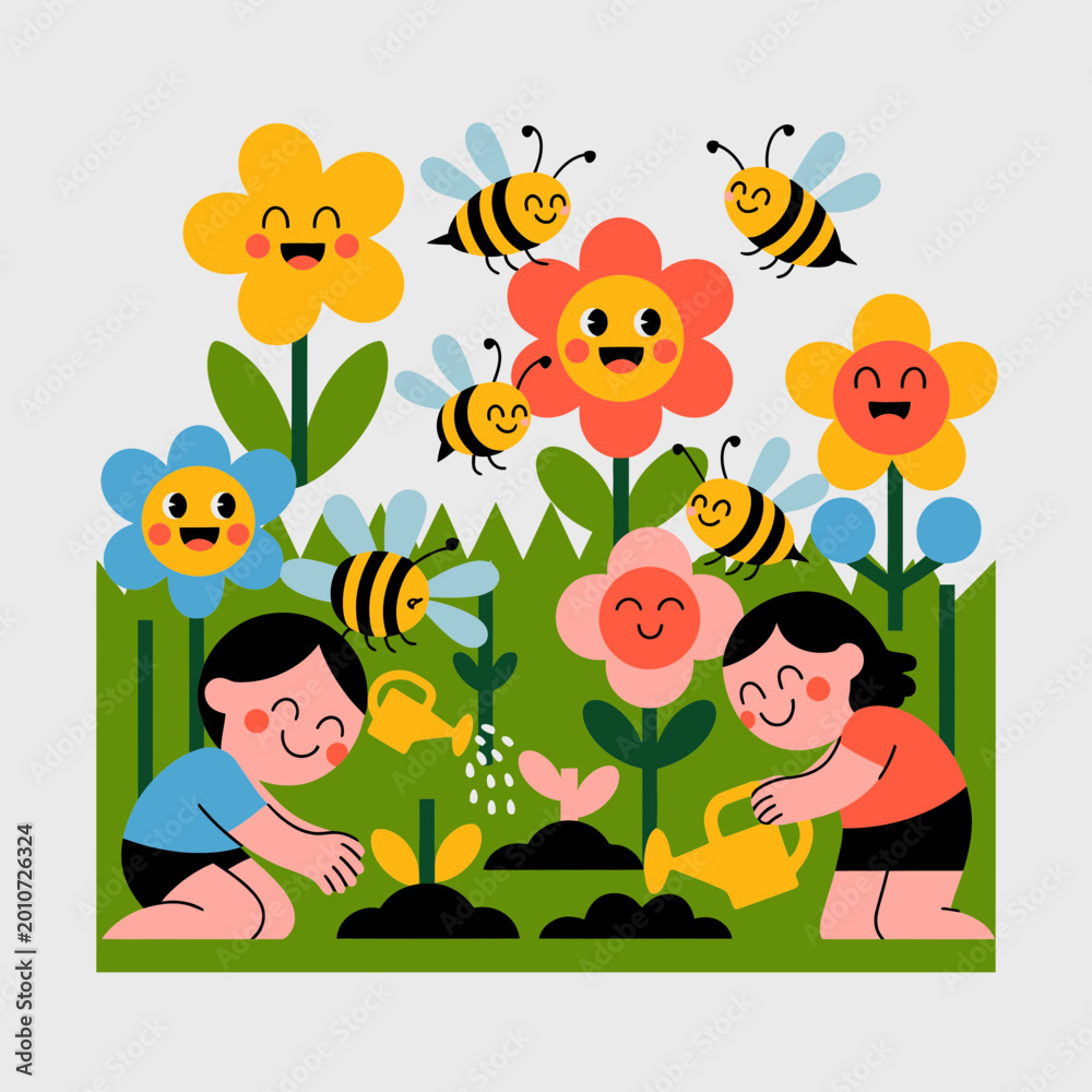 Naklejka premium Charming children tending a vibrant flower garden with buzzing bees, a delightful digital illustration of nature's harmony.