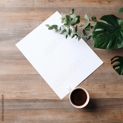 Coffee Cup Beside Blank Paper and Green Leaves on Wooden Table