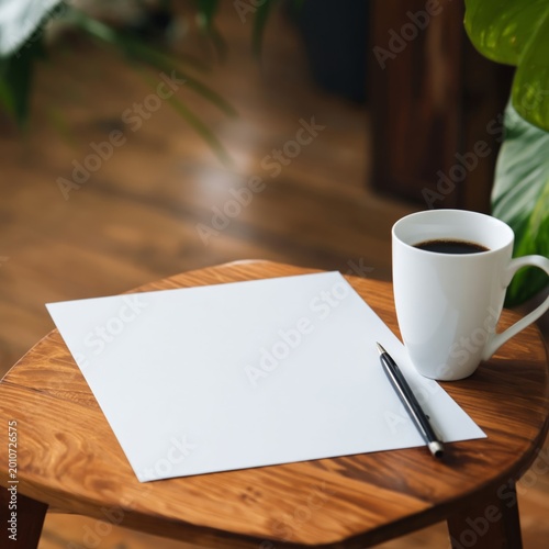 Coffee Cup Beside Blank Paper and Green Leaves on Wooden Table