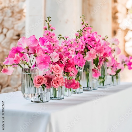 Flowers Arranged on a Table With Vases for a Special Event in a Bright Setting
