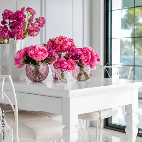 Colorful Flower Arrangement in White Vases on a Table With a Simple Backgroun...
