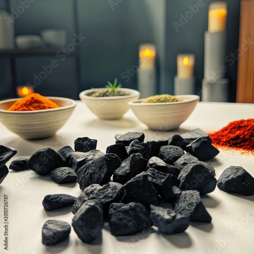 Spices and Stones Arranged on a Table With Candles in Background
