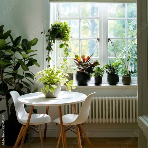 Bright Indoor Space With Plants and a Table by the Window in Morning Light