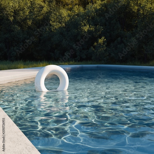 Modern Swimming Pool With Unique Float and Clear Water in Garden Setting Near...
