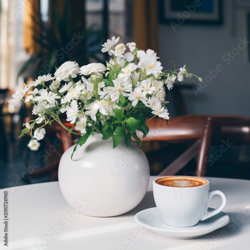 Coffee and Flowers on a Table in a Cafe During the Afternoon