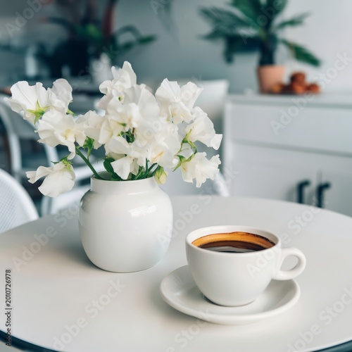Coffee and Flowers on a Table in a Cafe During the Afternoon