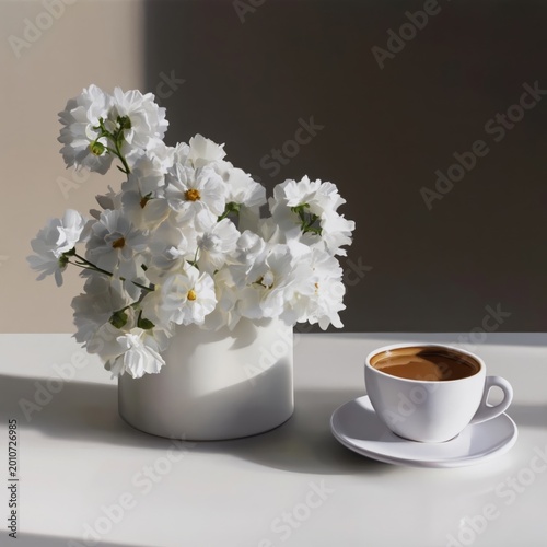 White Flowers in a Pot Next to a Coffee Cup on a Table During Morning Light
