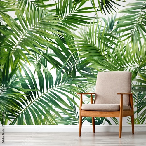 Decorative Chair in Front of Tropical Plant Wall Design in Bright Room Settin...