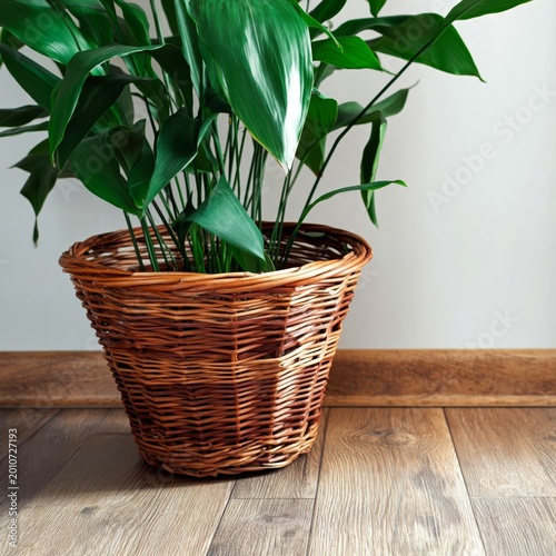 Indoor Plant in a Wicker Pot Placed on Wooden Floor in a Well-Lit Room