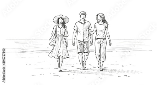 Minimalist black and white illustration of three friends, two women and a man, enjoying a relaxed walk along the seashore on a sunny day.
