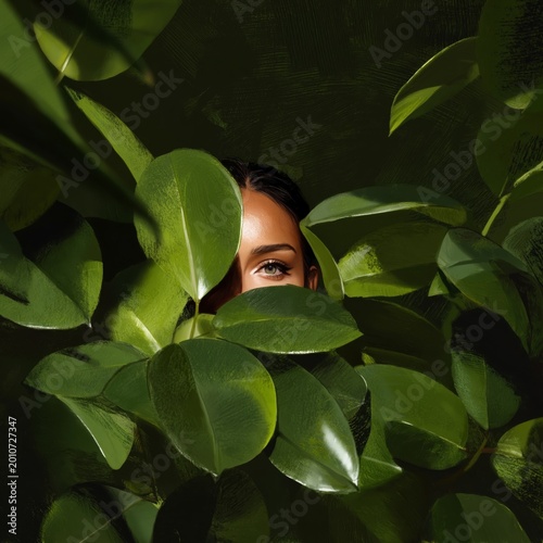 Woman Peeking Through Green Leaves in a Garden During Daytime