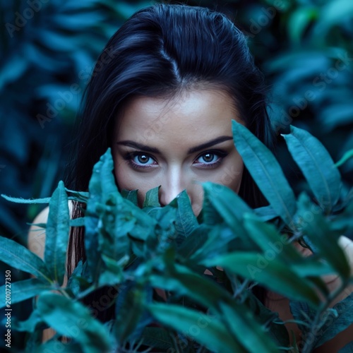 Woman Peeking Through Green Leaves in a Garden During Daytime