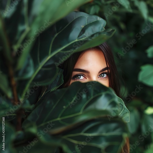 Young Woman Peeking Through Green Leaves in a Natural Setting During Daytime