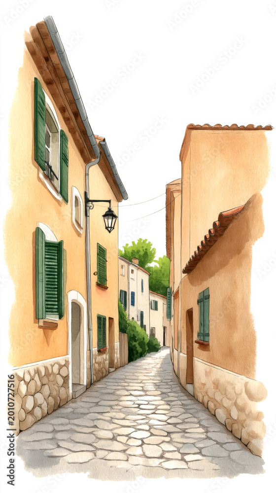 Obraz premium Charming mediterranean village street with stone path and colorful shutters
