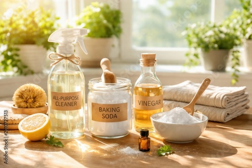 Various cleaning supplies are on a kitchen counter. Bottles of vinegar and all-purpose cleaner sit beside baking soda and lemon.
