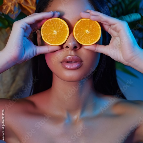 Woman Holds Orange Slices in Front of Her Face Under Blue Sky