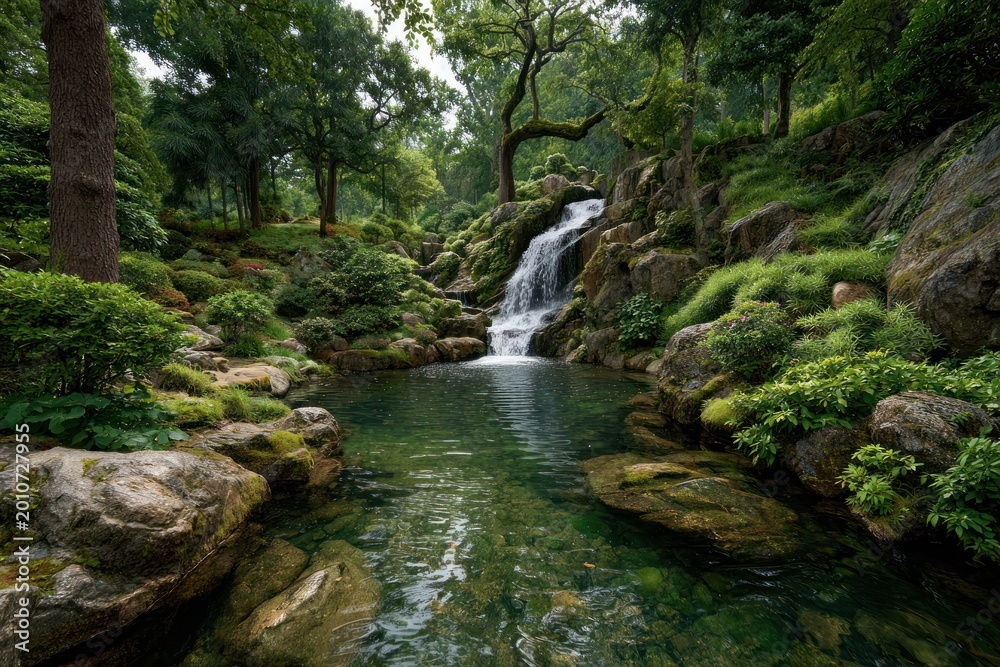 Obraz premium Jungle Waterfall In Lush Green Setting Paradise Natur