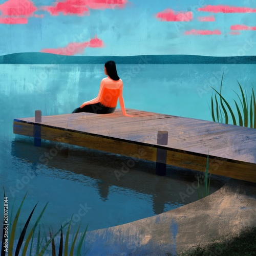 Woman Sits on Dock by Lake During Evening With Colorful Sky and Water Reflect...