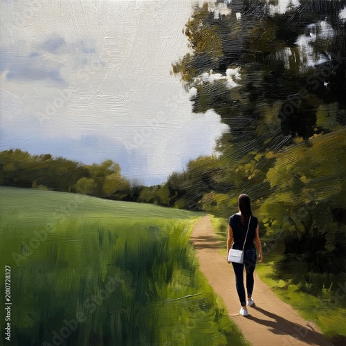 Person Walks Alone on a Dirt Path Through Green Fields Under a Clear Blue Sky