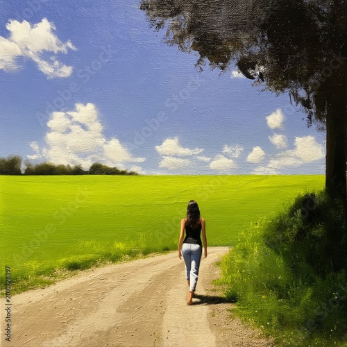 Woman Walks Along Dirt Road Under Blue Sky and Clouds in Green Field on Sunny...