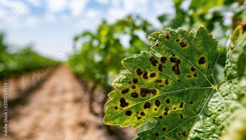 Close up of a diseased grapevine leaf with dark brown fungal spots showing signs of plant infection in a vineyard row during a sunny day in the countryside agricultural field