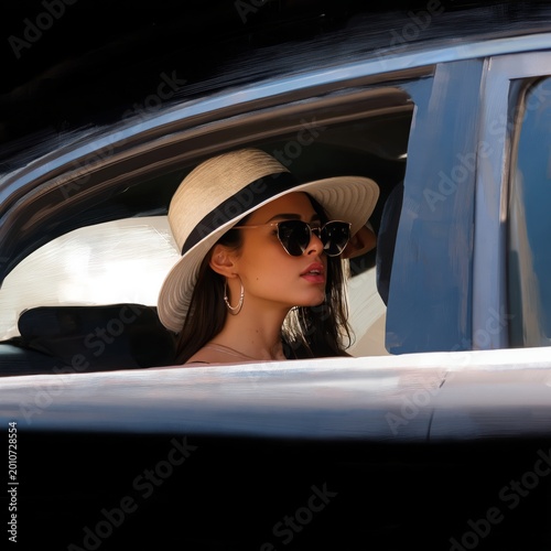 Woman Wearing a Hat and Sunglasses Sits Inside a Car on a Sunny Day in the City