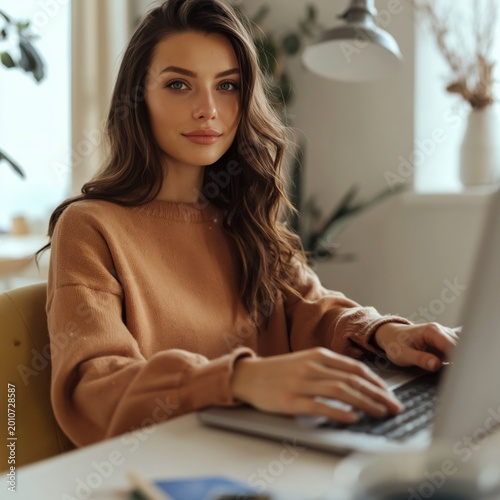 Young Woman Working on Laptop in Cozy Office With Brick Wall and Plants in Ba...