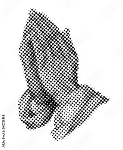 Black and white halftone dots illustration of a pair of hands praying with fingers interlaced together in a religious gesture of supplication transparent background