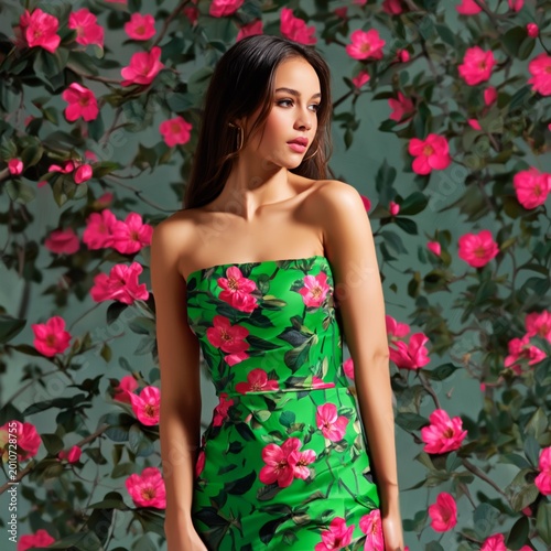 Model Poses in Floral Dress Against Vibrant Background of Pink Flowers in Stu...