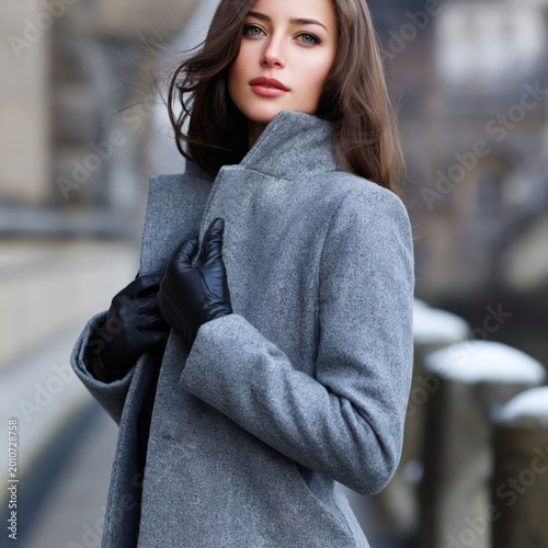 Woman in Gray Coat Poses on a Chilly Day Beside City Architecture