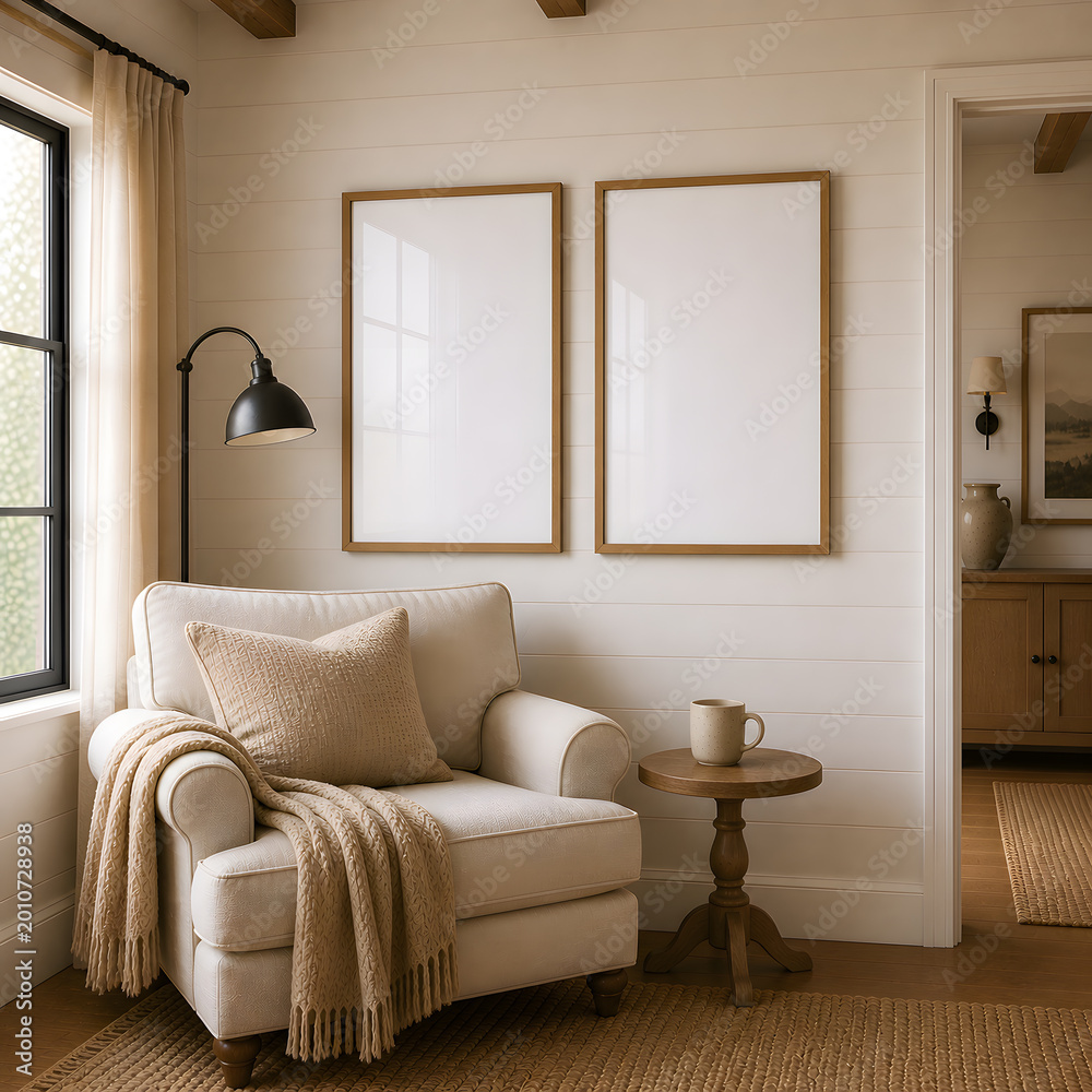 Fototapeta premium Farmhouse Interior Frame Mockup with Natural Light and Rustic Neutral Styling