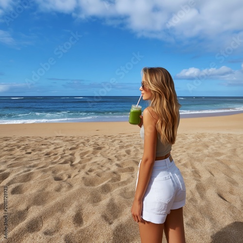 Woman Enjoys Drink at the Beach With Clear Sky and Calm Waves During Afternoo...
