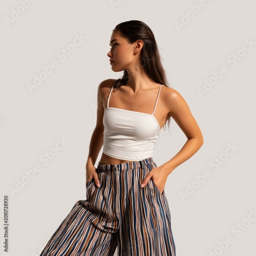 Model Poses in Studio Wearing White Top and Striped Pants With Hands in Pockets