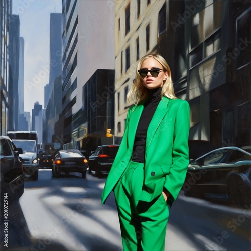 Woman in Green Suit Stands on City Street During Daytime With Buildings and C...